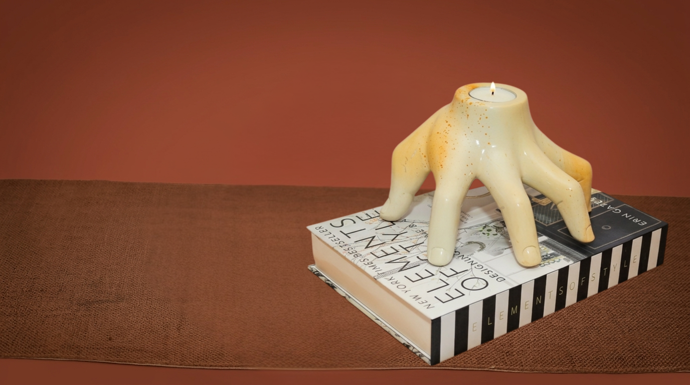 Candle shaped like a hand holding a candle on top of books with a brown background