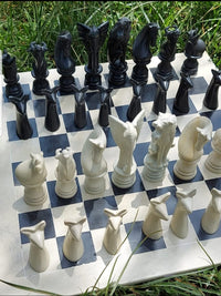 Chessboard with black and white chess pieces outdoors on grass