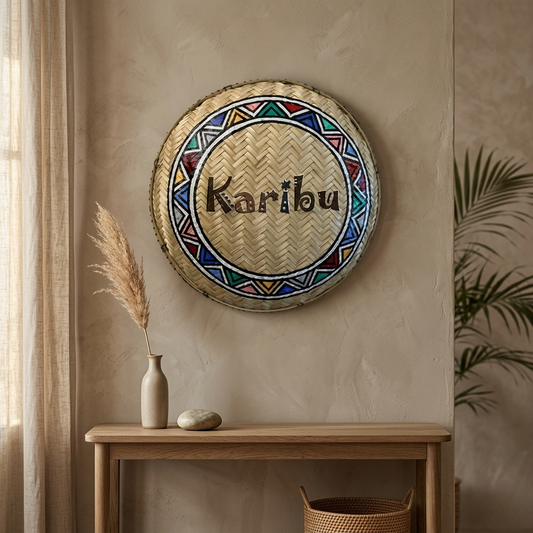 Decorative wall piece with 'Karibu' text on a beige wall above a wooden table.
