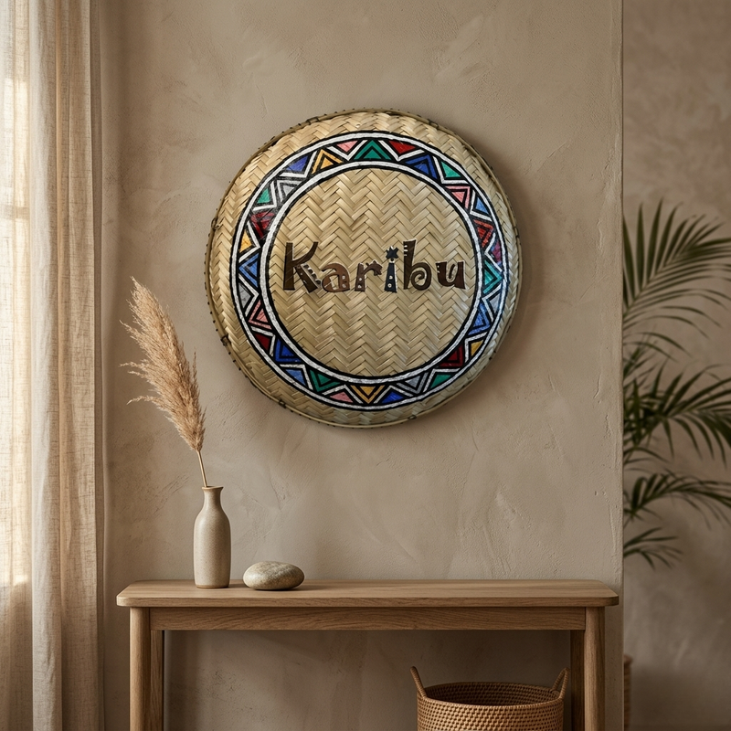 Decorative wall piece with 'Karibu' text on a beige wall above a wooden table.